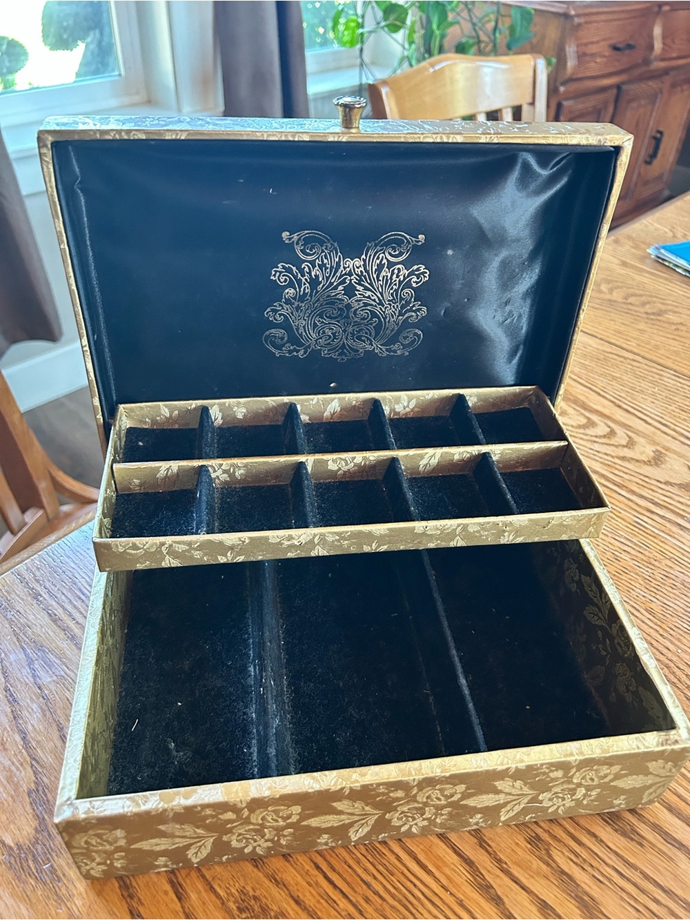 Vintage Mcm Elegant Gold Floral Jewelry Organizer Box - Black Interior